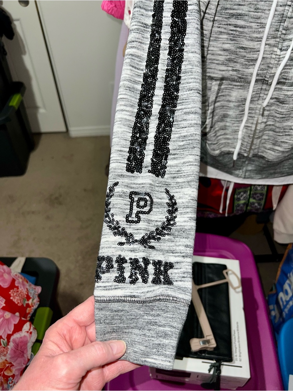 Vintage PINK Victoria's Secret Gray Marled Sequin Bling Logo Hoodie & Jogger Set - Picture 13 of 16